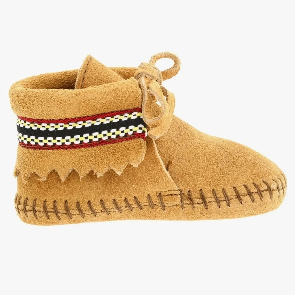 NEW Minnetonka Moccasins with Embroidered Detailing Leather Suede Braided Bootie